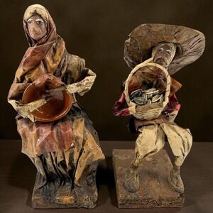 Handmade Mexican Folk Art Paper Mache Old Man & Woman Figures Farmers 8"